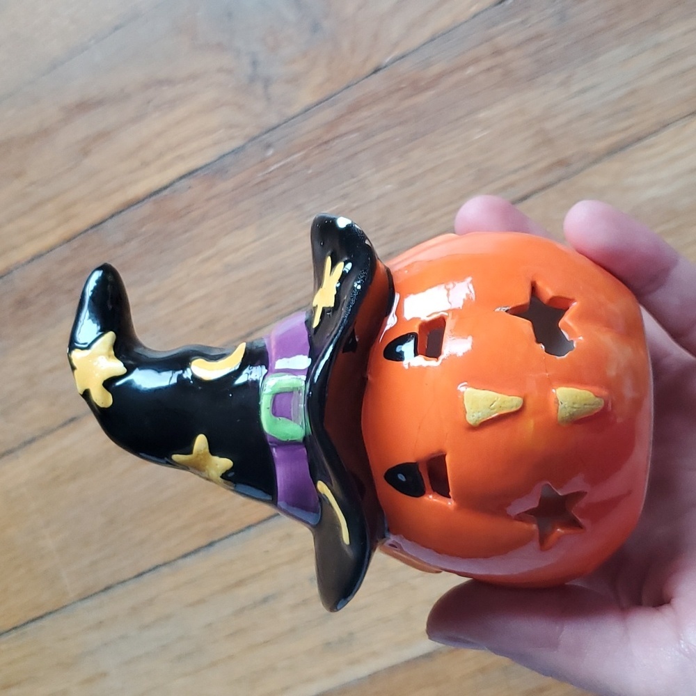 Ceramic pumpkin Halloween witch‎ hat candle holder